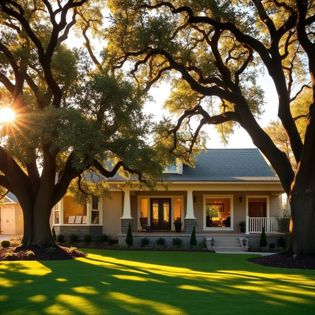 A sunlit home framed by mature oak trees